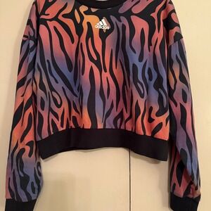 Adidas Womens Sweatshirt Tiger Print Crewneck Black Pink  size medium